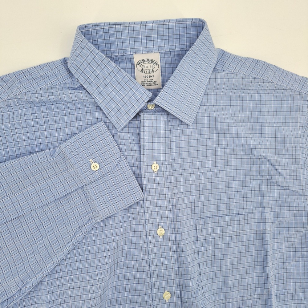 Brooks Brothers Regent Dress Shirt Mens 16.5-33 Supima Cotton Blue Micro Check